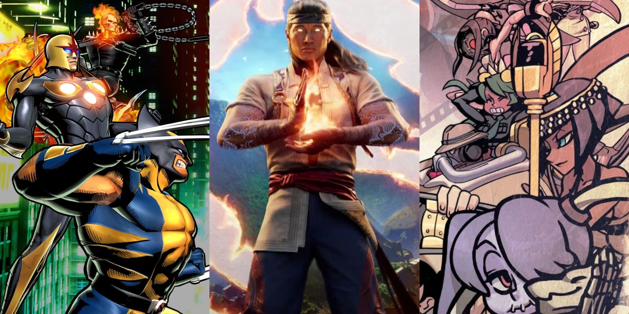 A collage of images showcasing characters from Ultimate Marvel Vs. Capcom 3, Mortal Kombat 1, and Skullgirls 2nd Encore