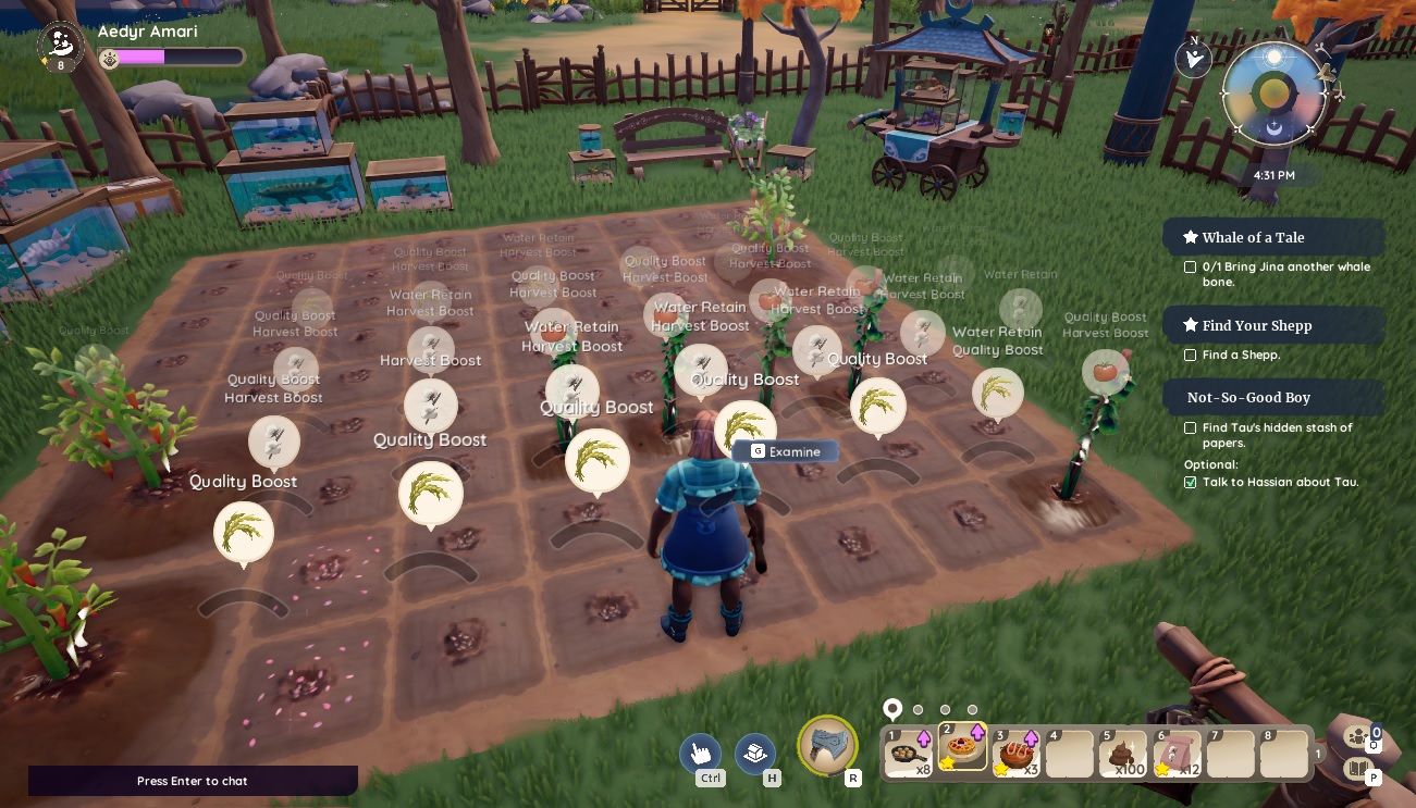 Player character standing at several filled soil plots and examining the plants which is displaying various crop buffs over them in Palia.