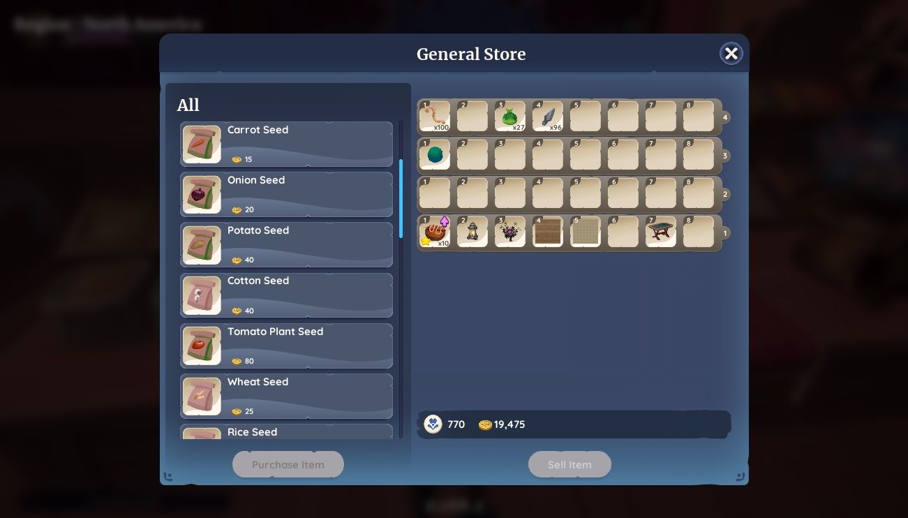 Player character in Zeki's General Store inventory, showing purchasable seeds such as Carrot and Onion seeds, in Palia. 