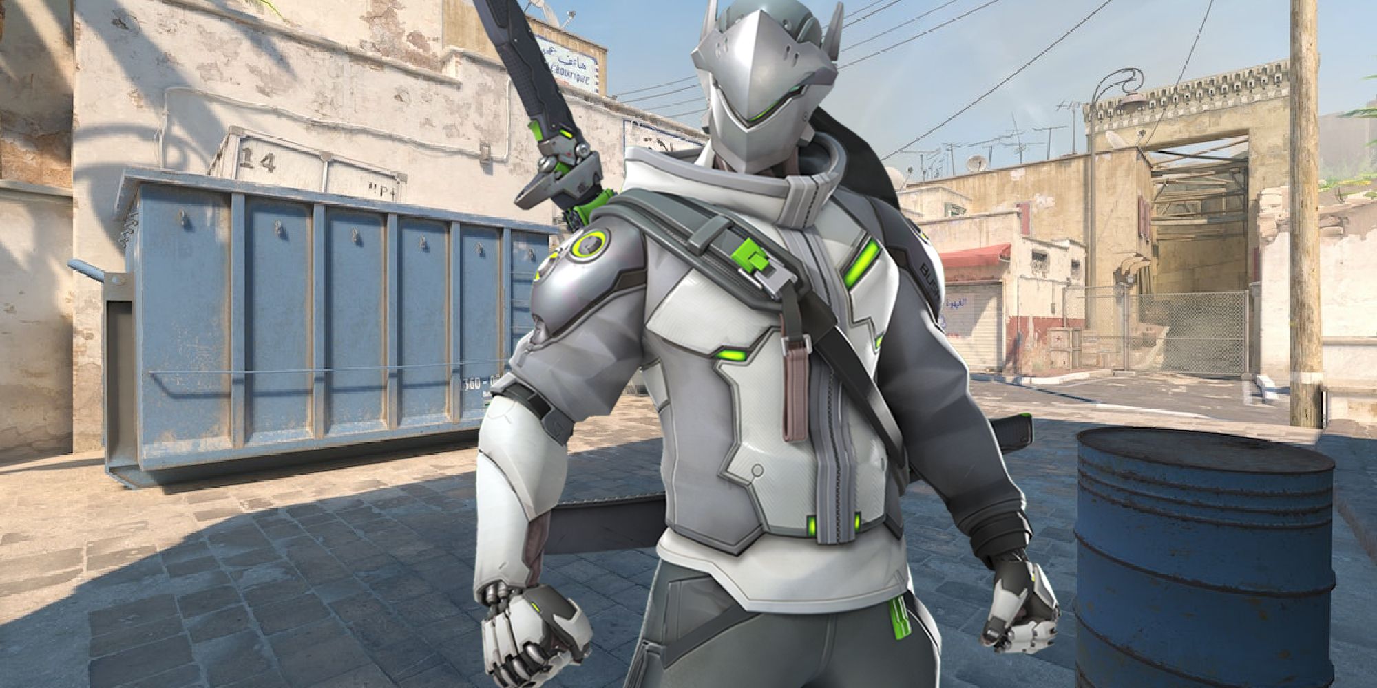 Genji from Overwatch 2 standing in Counter-Strike 2's revamped Dust 2 map