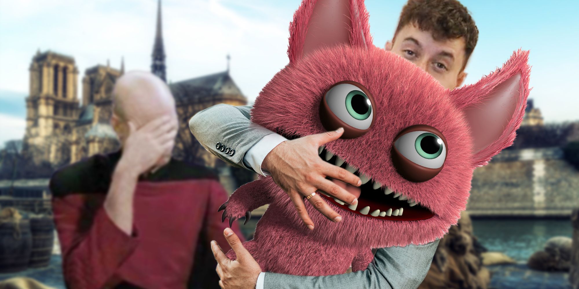 George Foster of TheGamer hugging a strange demon while Captain Piccard looks disappointed