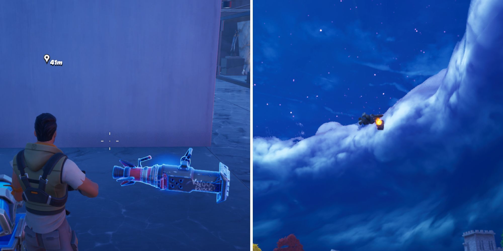The Rocket Ram item on the ground and using the Rocket Ram to ram into the sky.