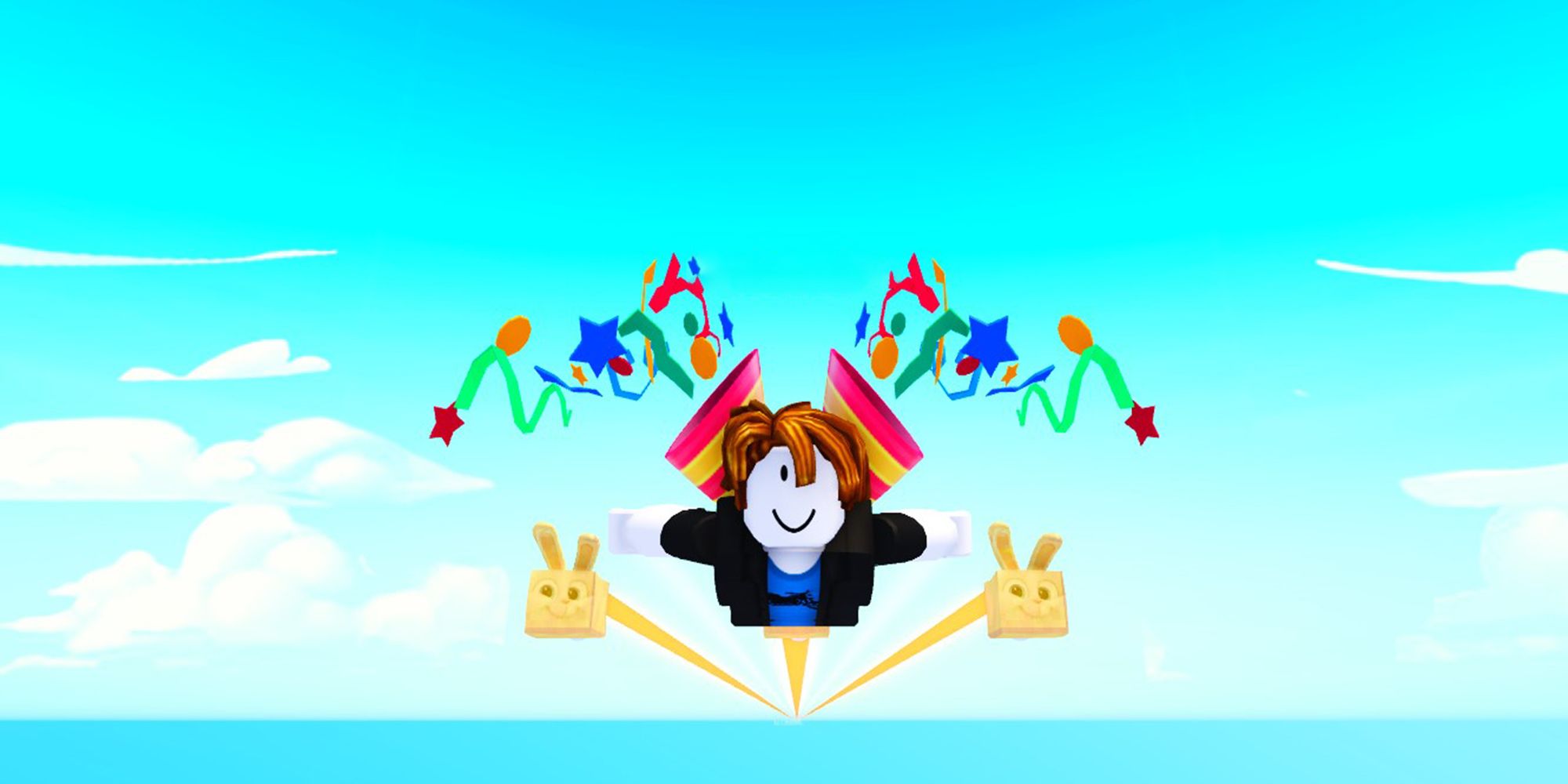 A Roblox character glides across the sky with his pet bunnies in Building Towers To Fly Farther.