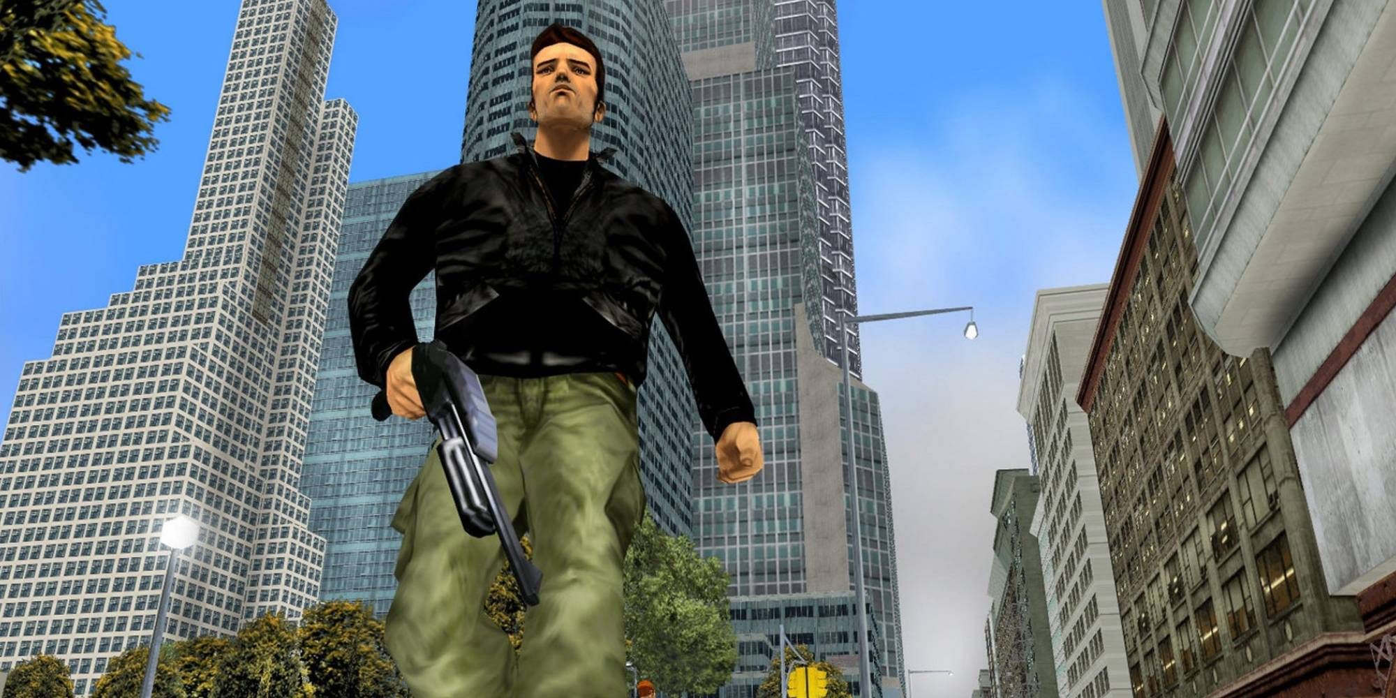 Claude walking down the street of Liberty City in Grand Theft Auto 3.