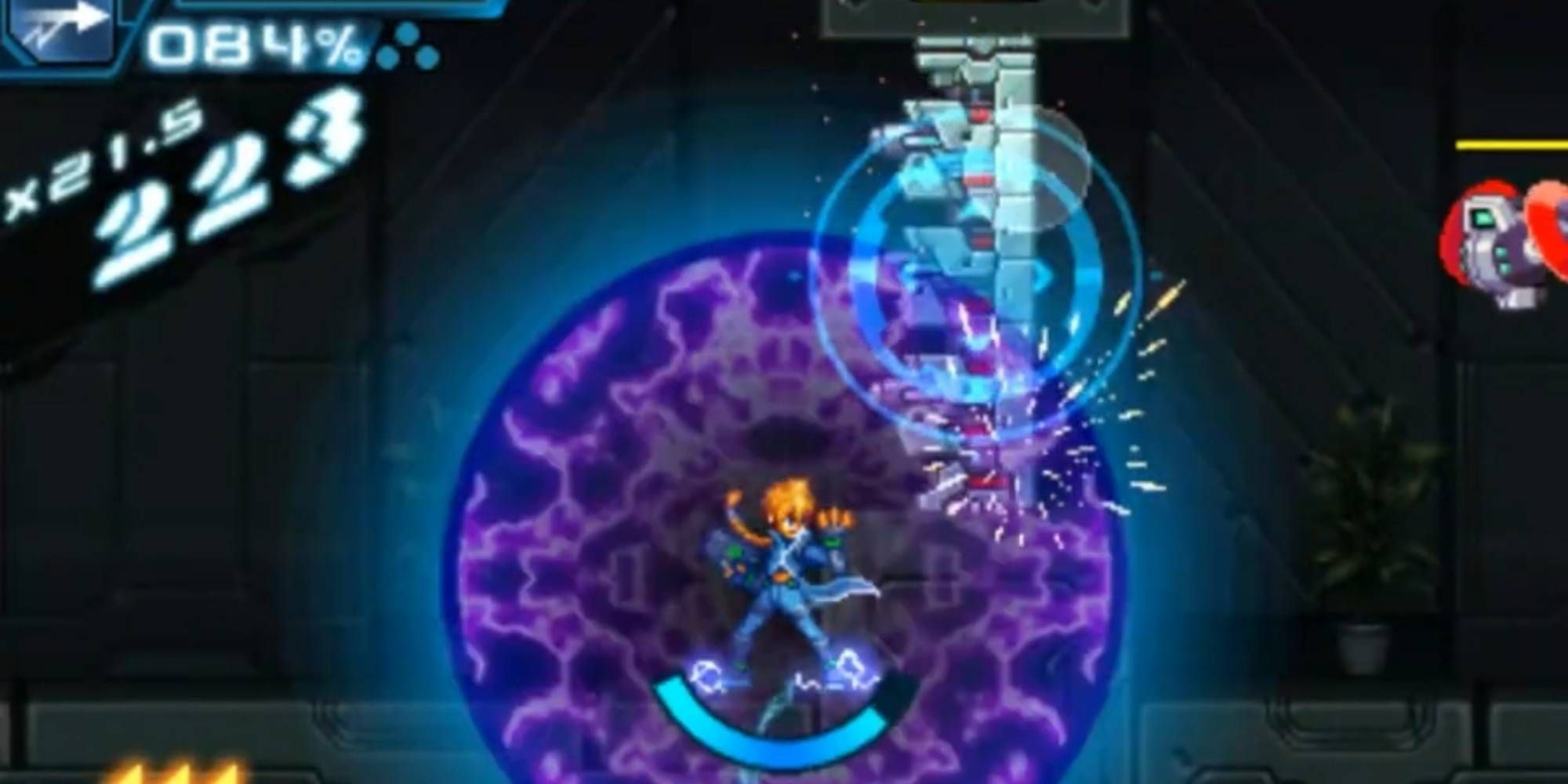 Gunvolt Using His Powers to Attack a Weapons Emplacement in Azure Striker Gunvolt