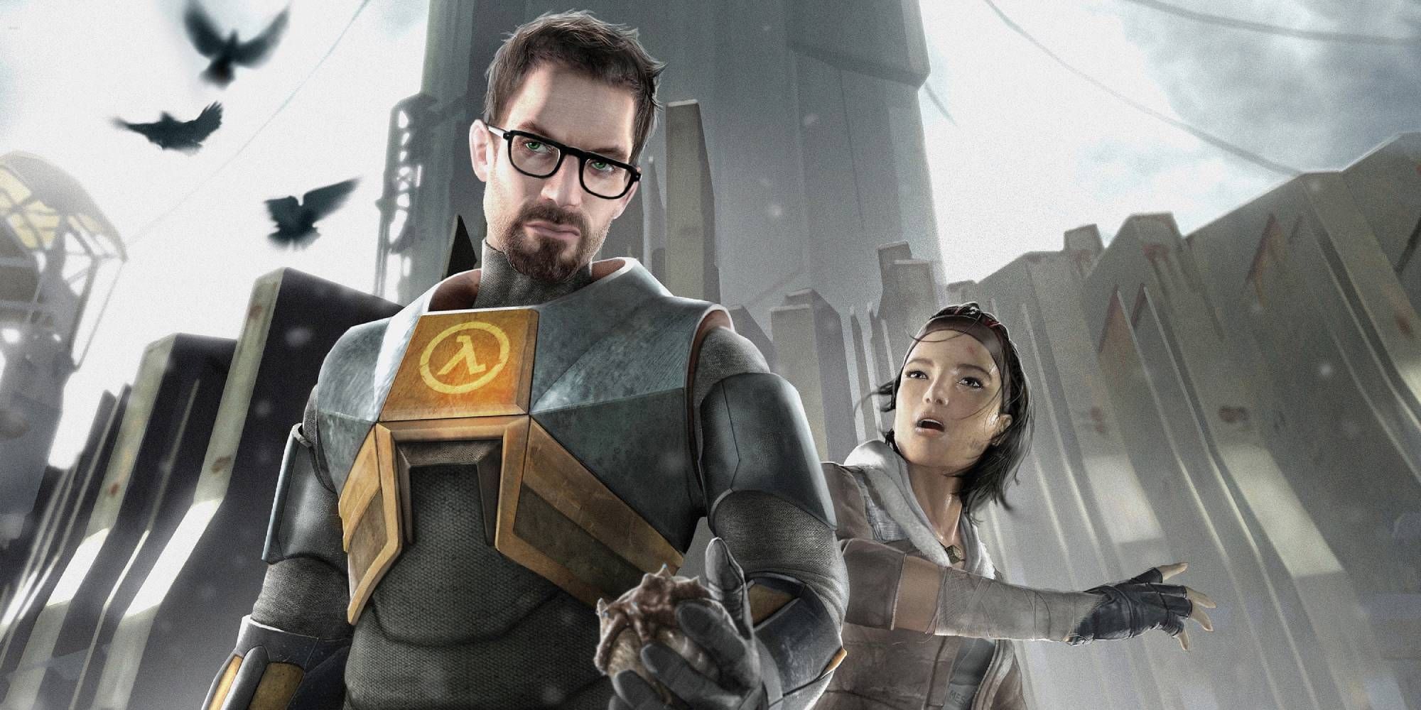 Gordon Freeman posing whilst with Alyx Vance in the Half Life 2 cover art
