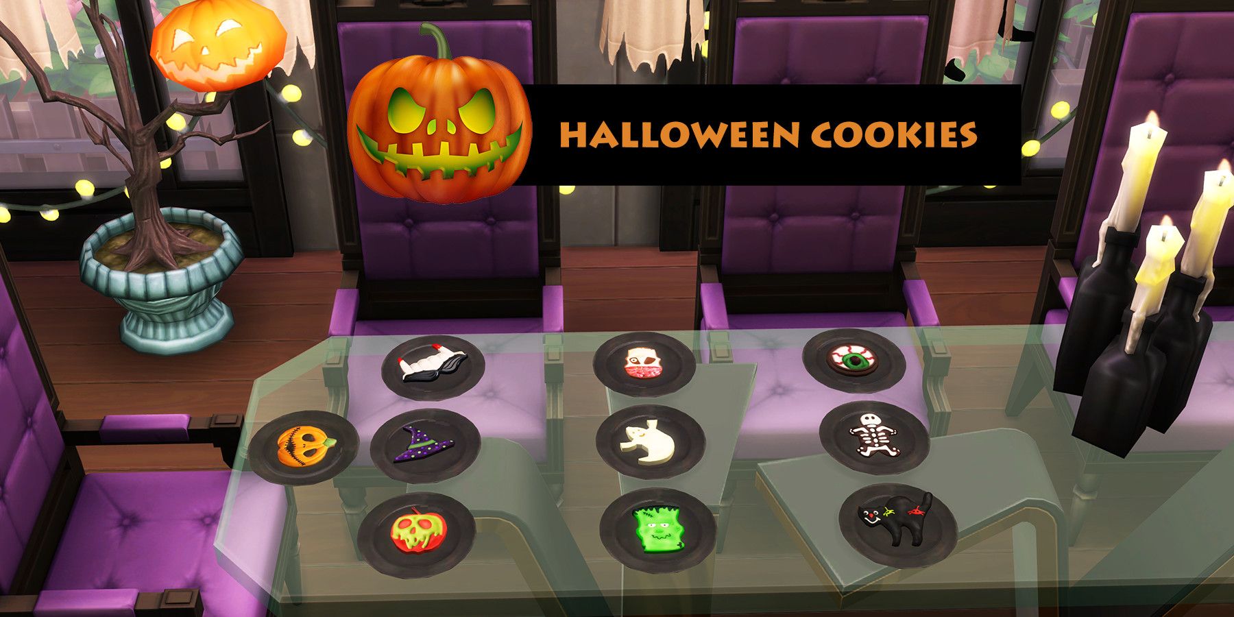 Screenshot of a room in The Sims 4 decorated with a Halloween theme. On the table sit several decorated Halloween-themed sugar cookies.