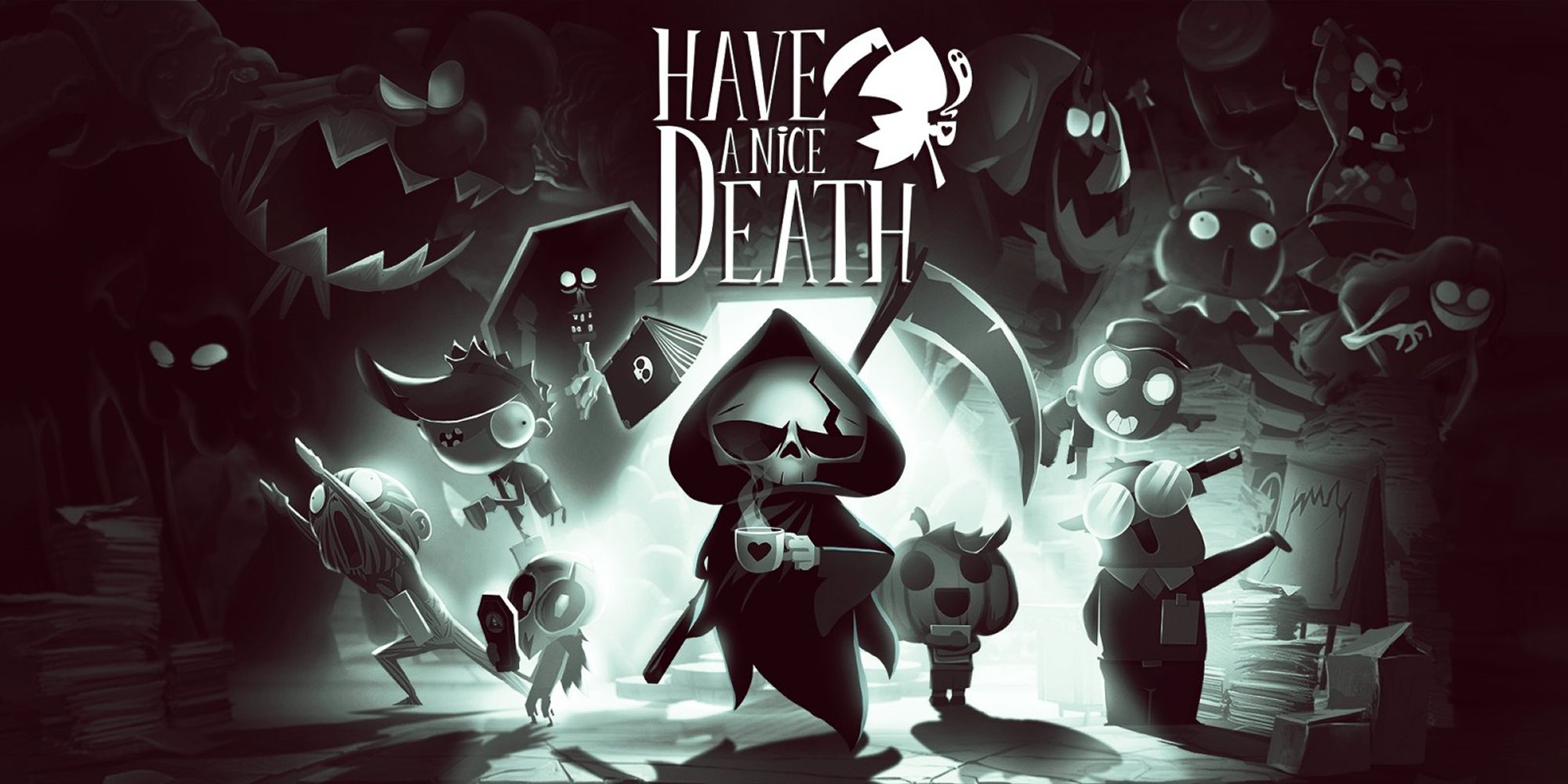 Have A Nice Death Title Art Depicting The Grim Reaper With Coffee And Employees