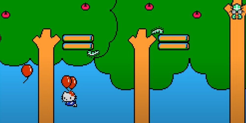 Hello Kitty World screenshot showing Kitty floating with red balloons.