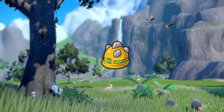 Pokemon Scarlet & Violet Grassy Field With Pokemon Playing And Rocky Helmet Sprite