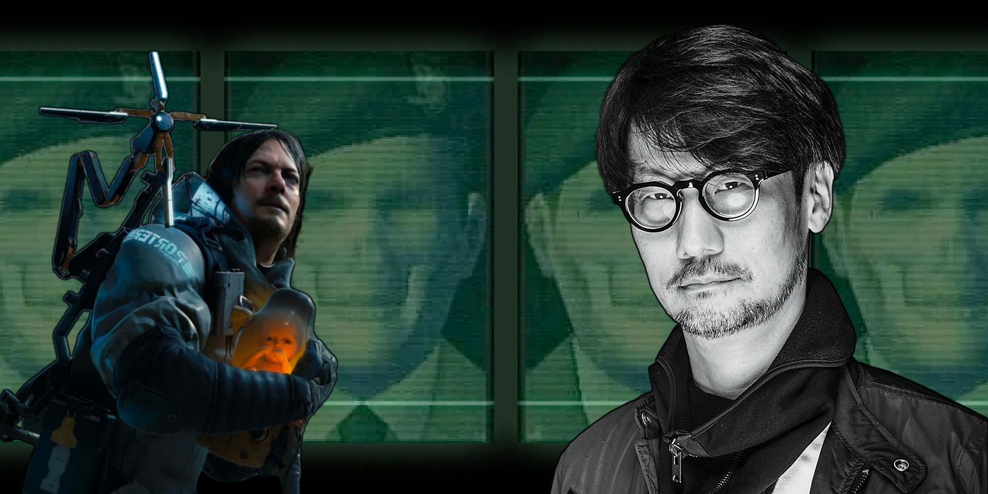 Hideo Kojima Predictions: an Image of Hideo Kojima alongside Sam Porter Bridges from Death Stranding and the Rogue AI from Metal Gear Solid 2 in the background