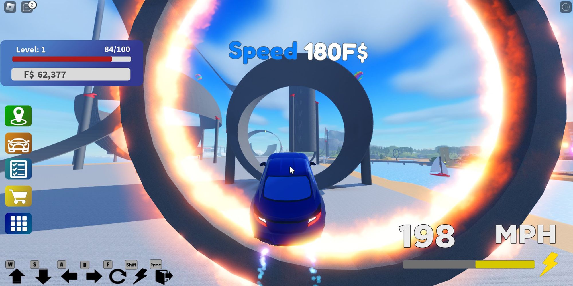 A blue sports car flies through a flaming hoop in a stunt park in the Roblox game DownForce Stunt Driving.