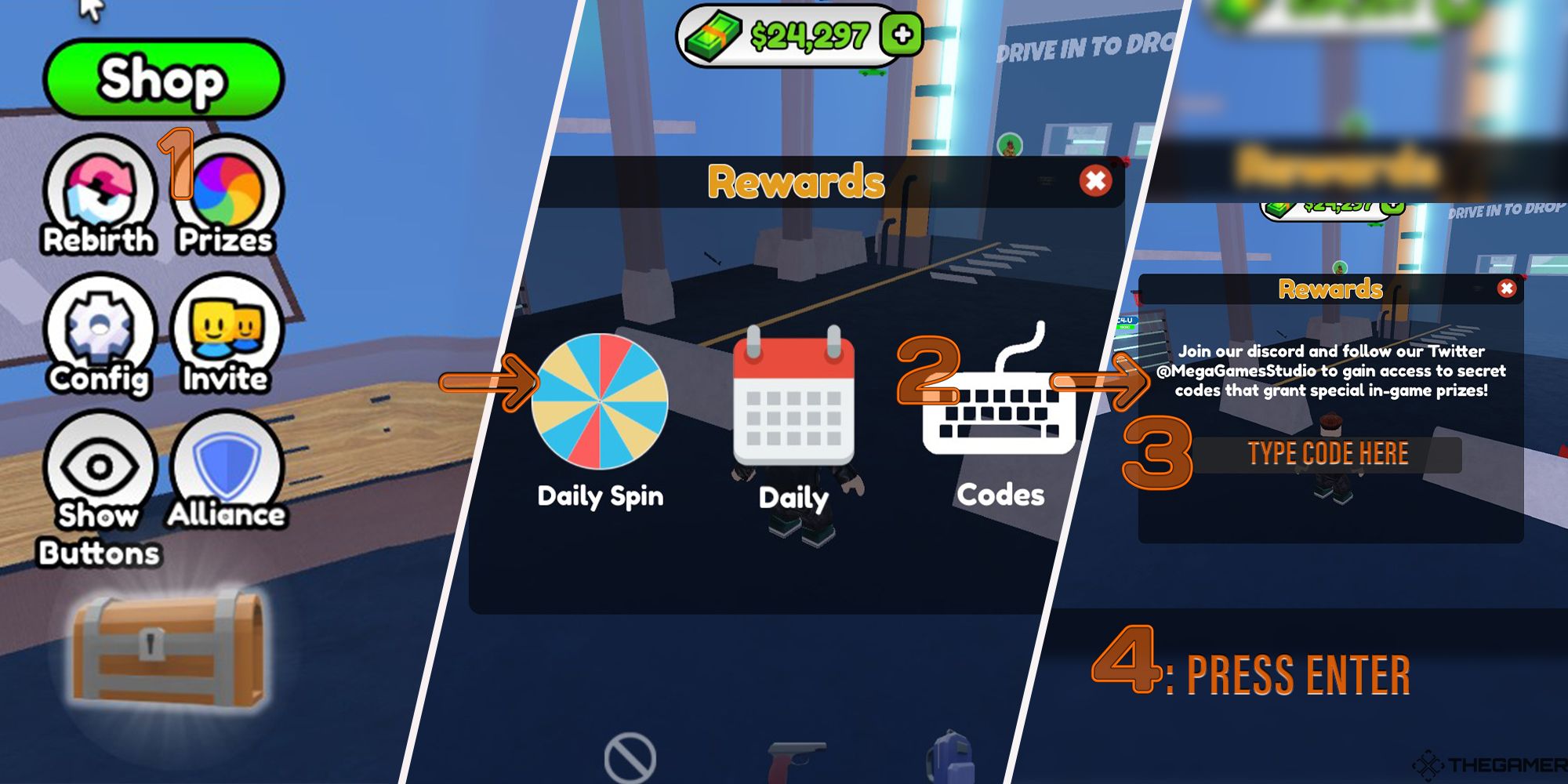 A step-by-step diagram for redeeming promo codes in the Roblox game Ultimate Factory Tycoon.