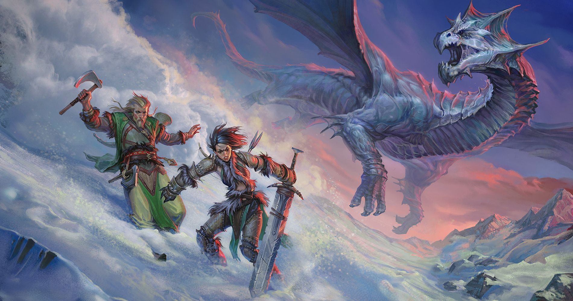 Two adventurers run from a white dragon in a snowy area in Pathfinder.