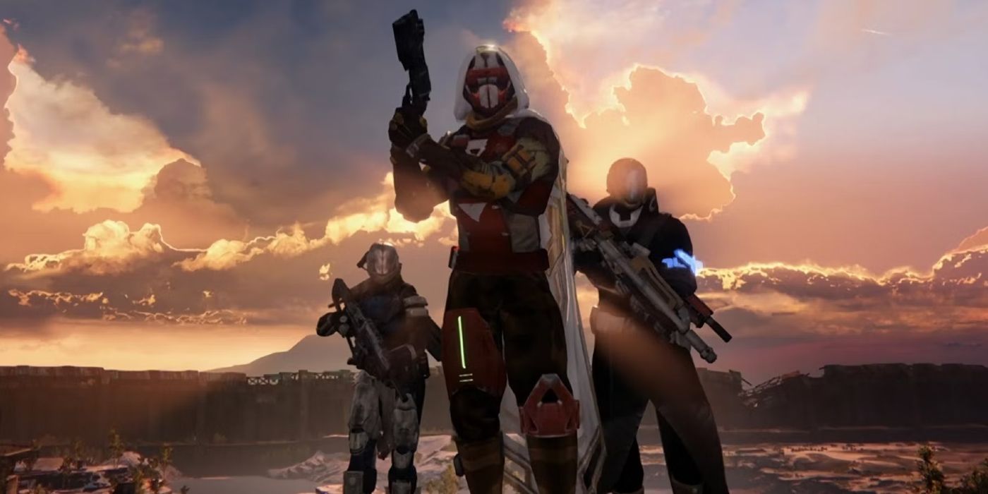 Image of Guardians from Destiny 1 posing at sunset
