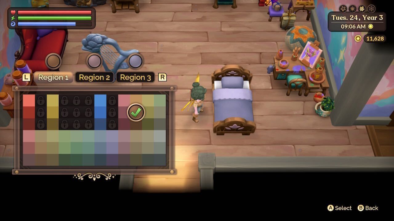 a farmer changing the color on her bed with one of several color palettes in fae farm all color unlock