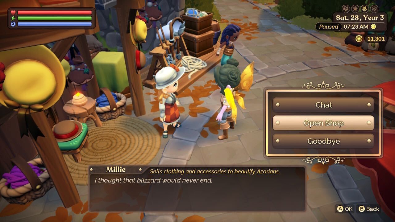 a farmer speaking to millie in central town azoria in fae farm all color palettes