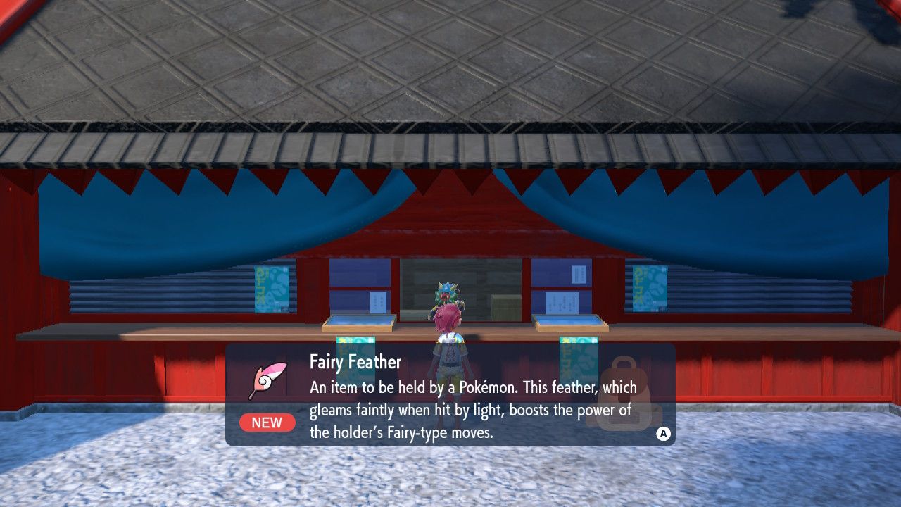 A screenshot of Pokemon Violet showing off the Fairy Feather item. The description says 