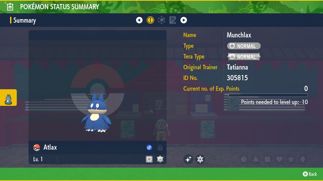 A screenshot of Pokemon Violet showing the summary screen for Atlax, a level one shiny Munchlax
