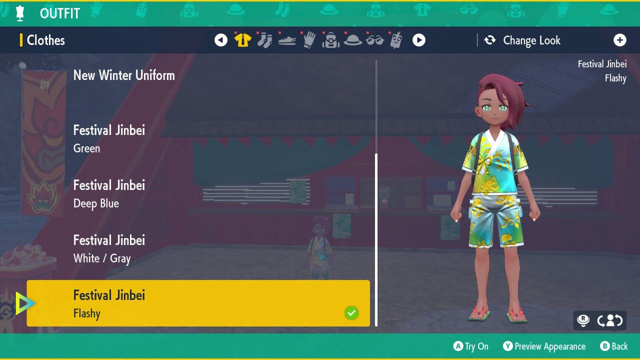 A Pokemon Violet screenshot showing a trainer in a metalic jinbei that is green, yellow, white, and blue