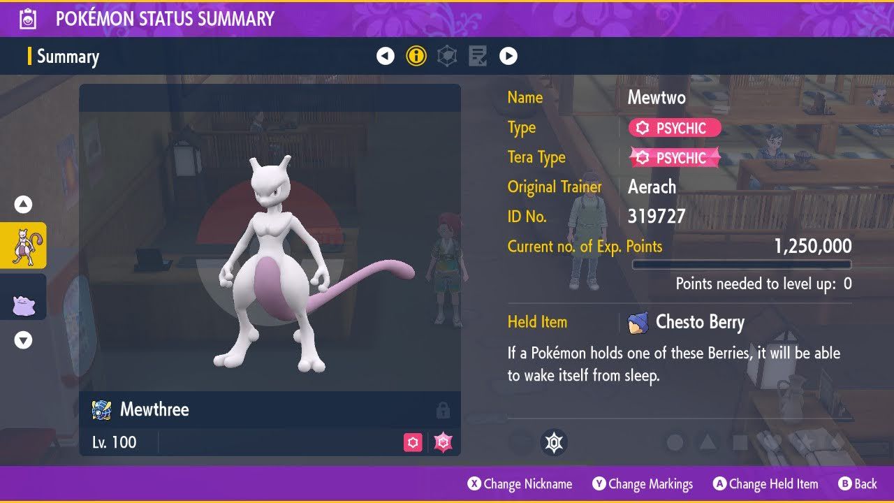 Pokemon Scarlet And Violet Mewtwo in the summary screen with the psychic tera type