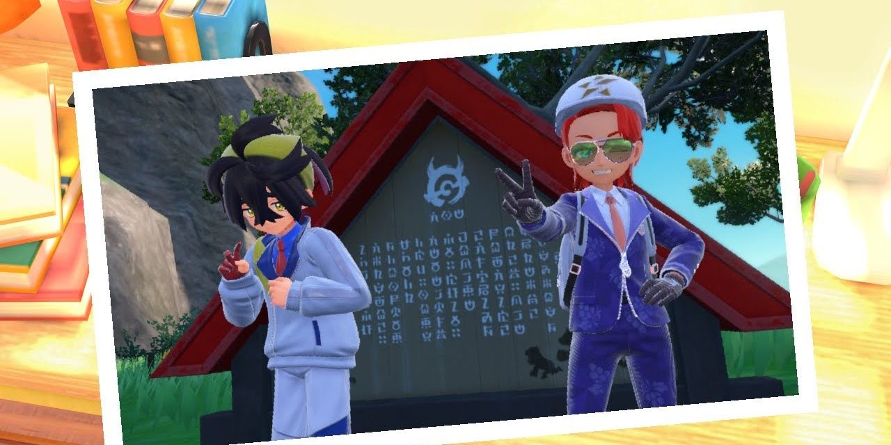 Pokemon Scarlet and Violet The Teal Mask Photo Of History Landmark with Kieran and player posing in front of it