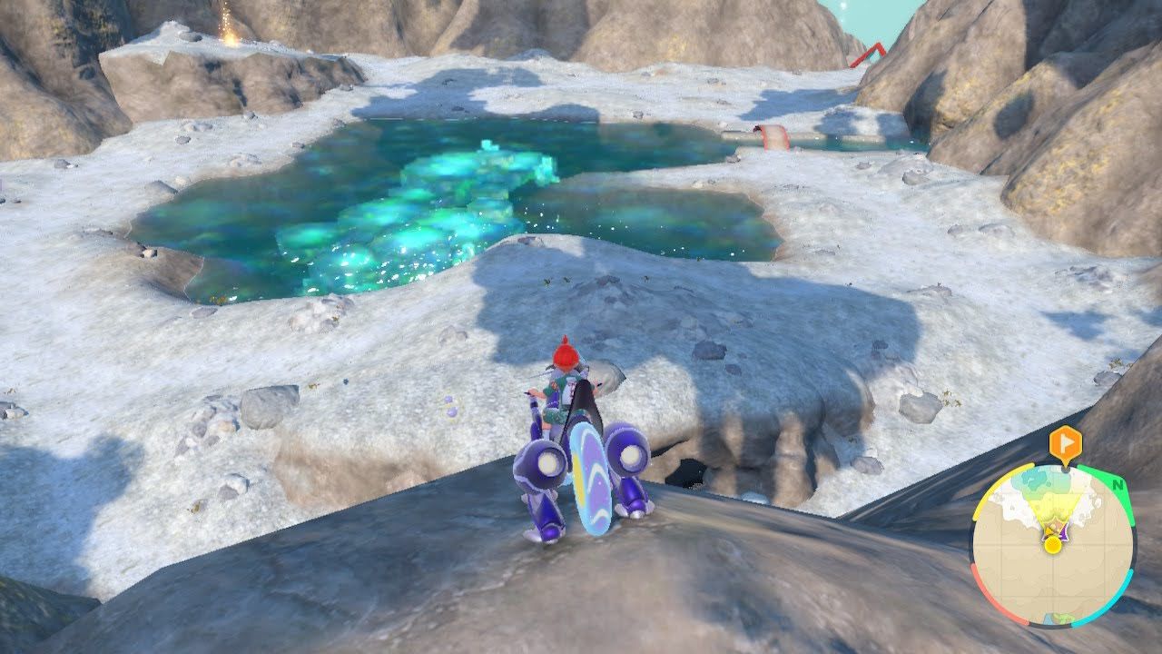 Pokemon Scarlet & Violet Teal Mask Crystal Pools being overlooked by player on Miraidon's back