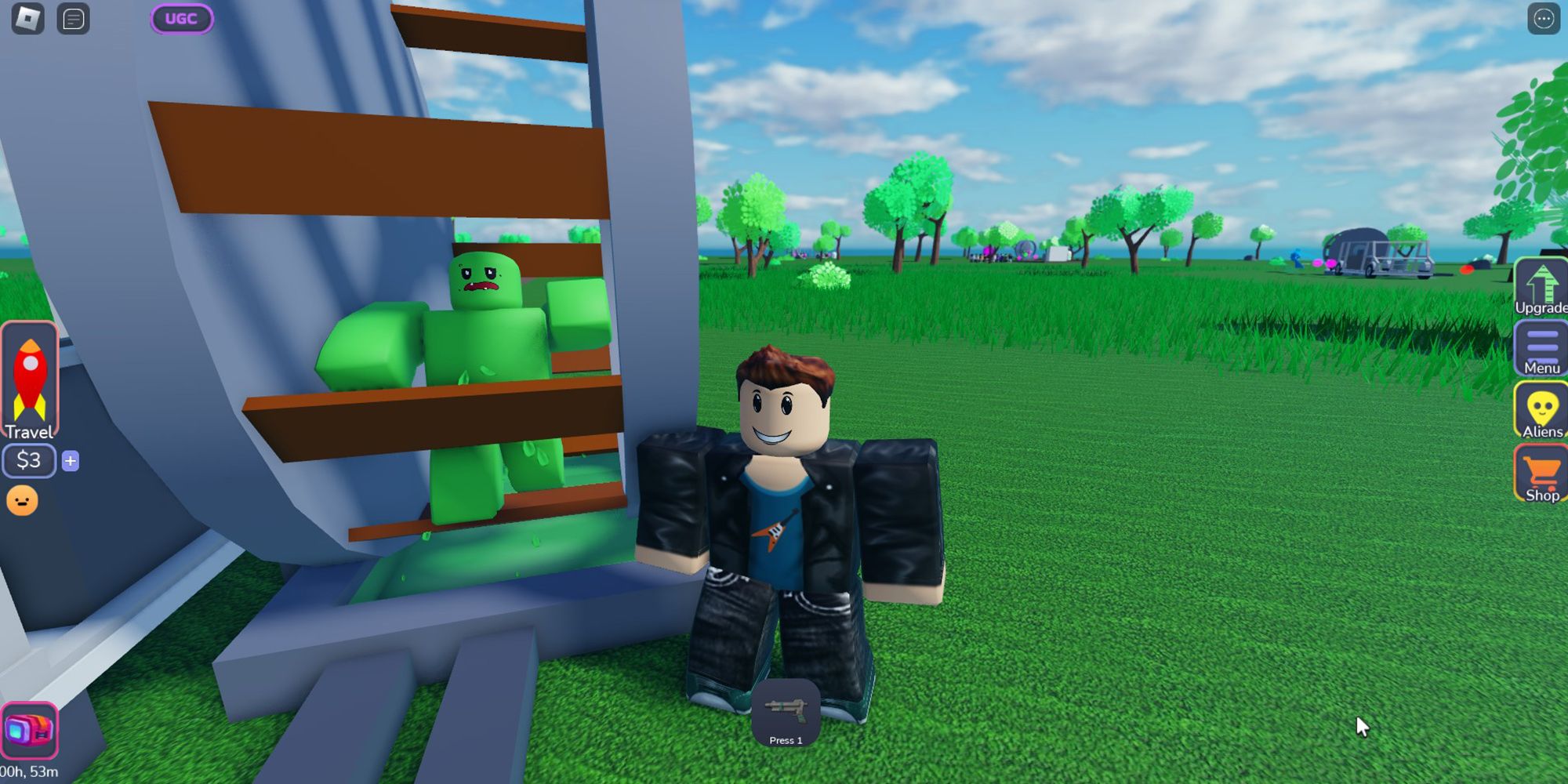 A Roblox character stands next to a zombie sweating juice while running on a hamster wheel in Zombie Business Tycoon.