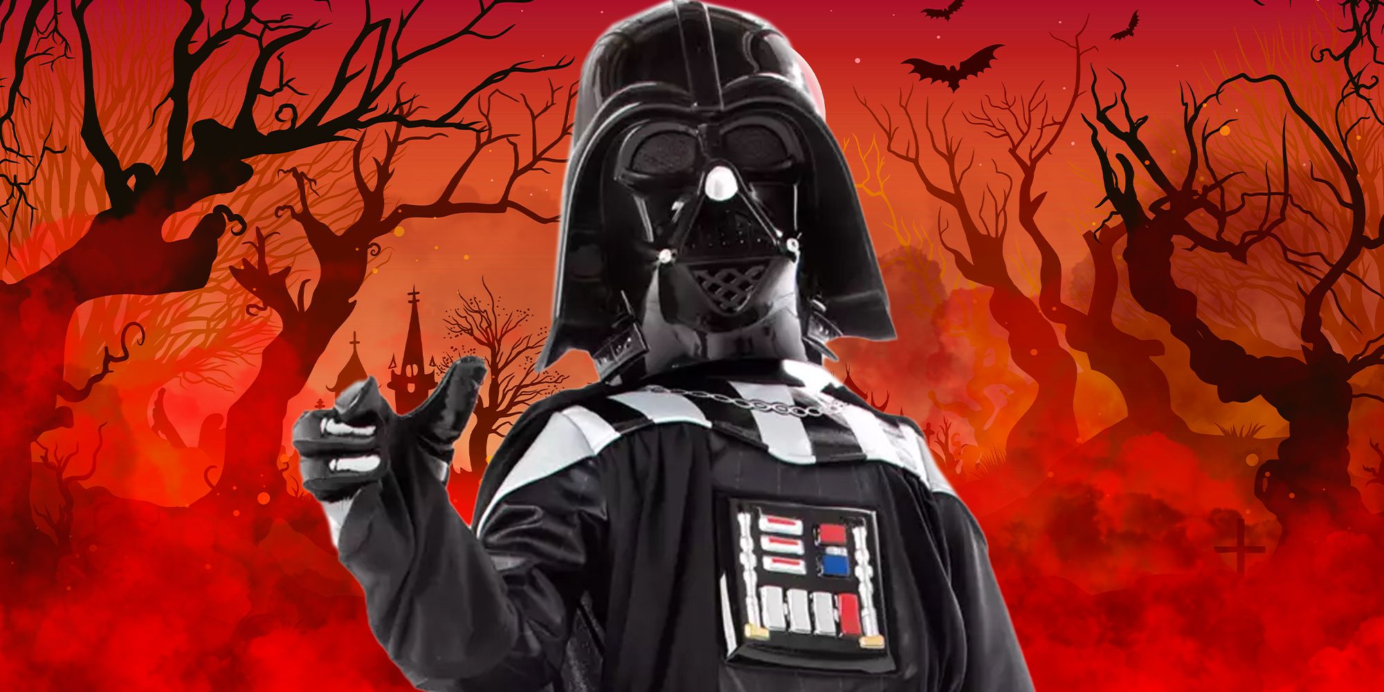 kid dresseed as darth vader doing a force choke for halloween