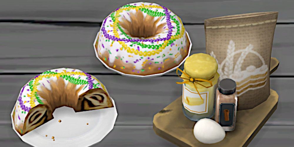 Screenshot of two king cakes (one half-eaten, one whole) in The Sims 4, alongside some ingredients.