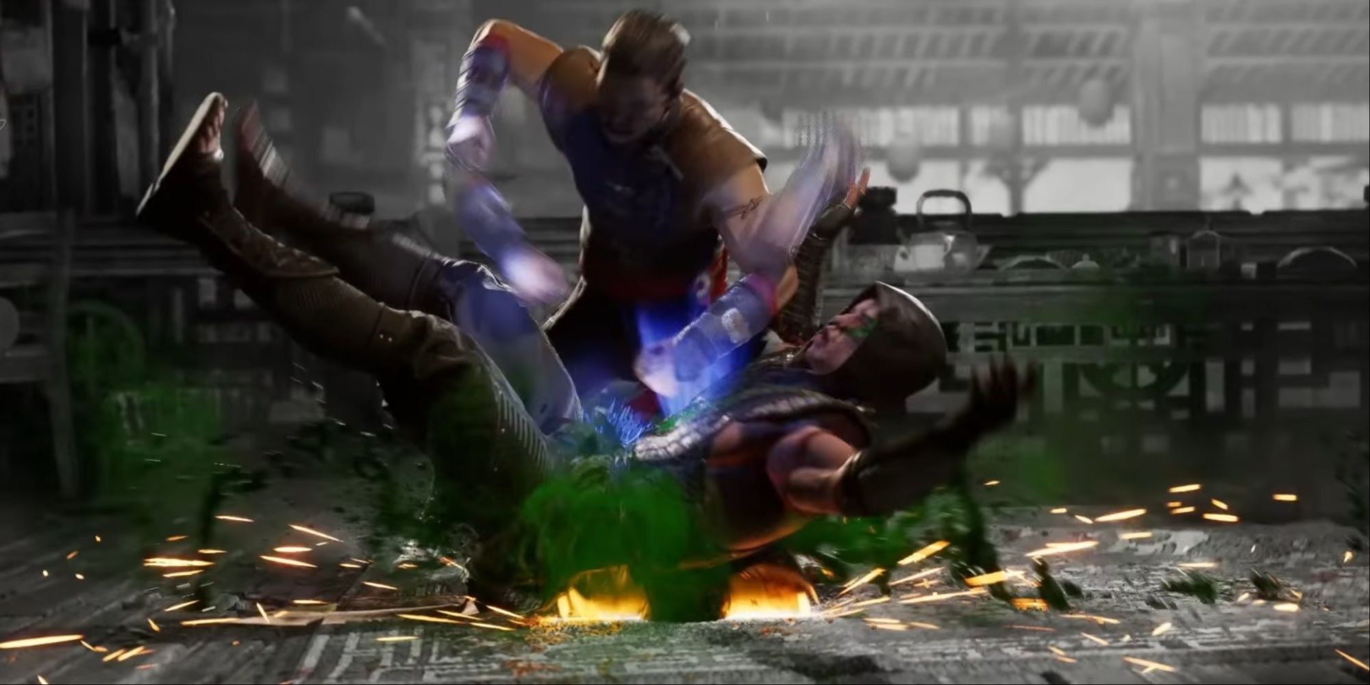 Kung Lao performing his Fatal Blow on Reptile in Mortal Kombat 1