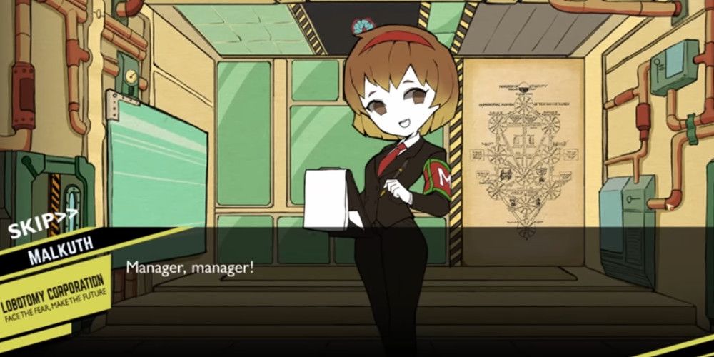 Visual novel style dialog screen with an anime-style female character in view with a laboratory in the background. Text reads 