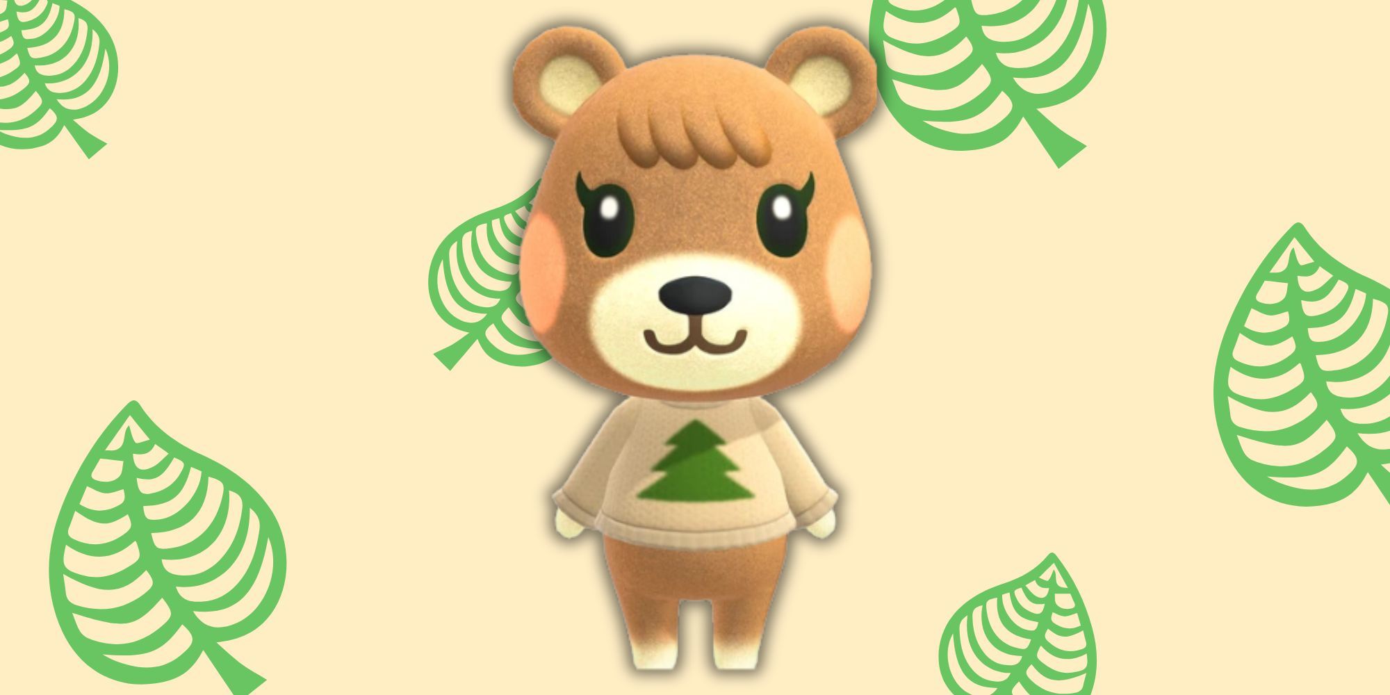 Maple from Animal Crossing in front of leaf-patterned backdrop