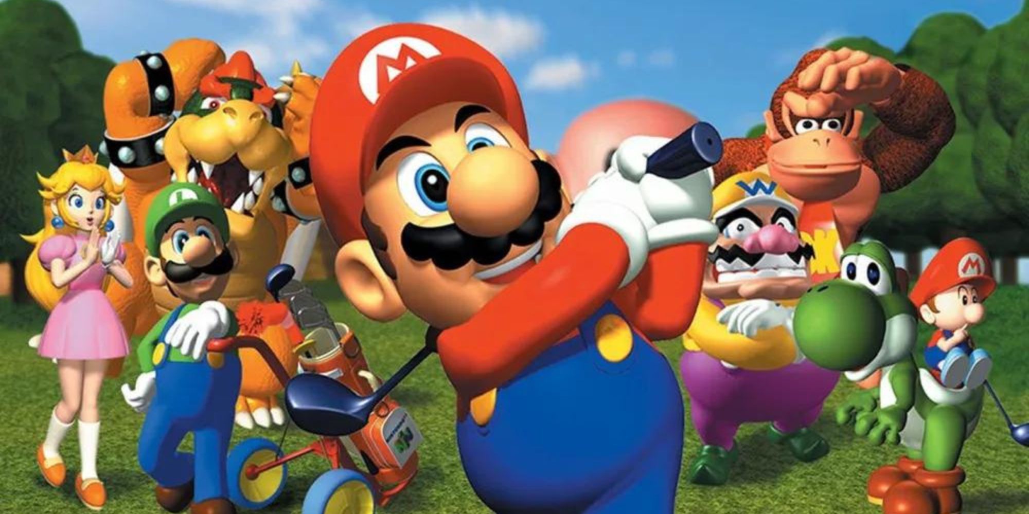 A group of Nintendo characters watch Mario swing his club