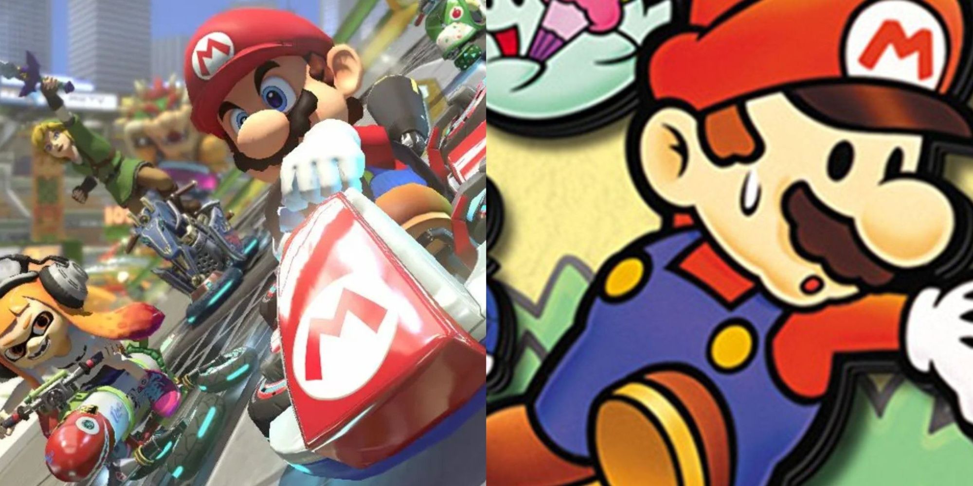 Mario, Link and friends racing in Mario Kart 8, and the box art to Paper Mario