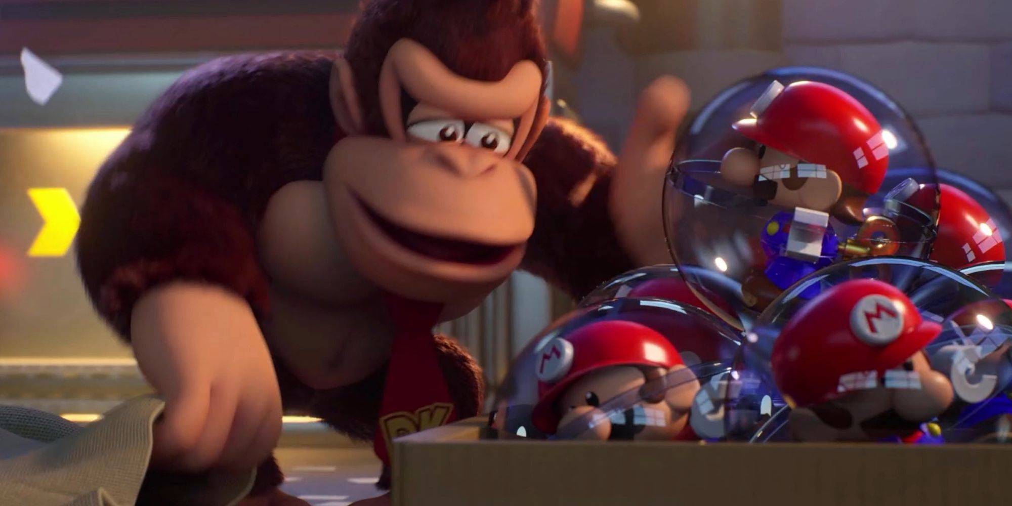 Mario vs Donkey Kong remake screenshot of DK stealing Mini Mario toys.