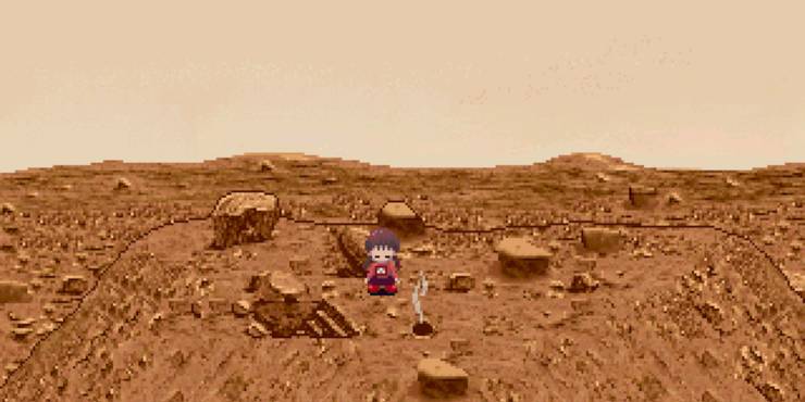 Madotsuki from Yume Nikki wanders alone through a desolate, pixelated Martian landscape