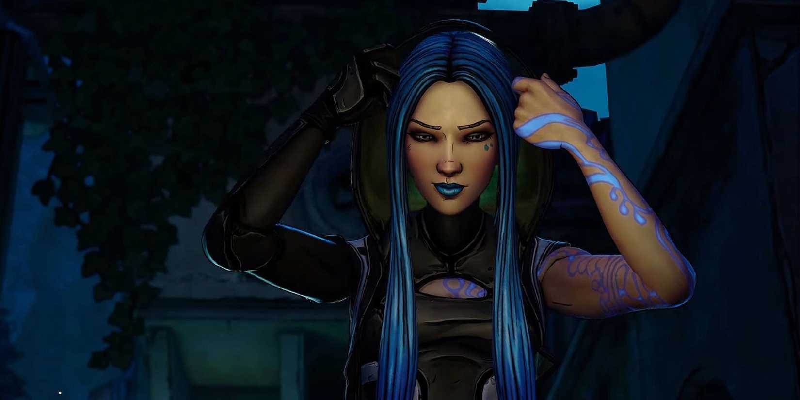 Maya taking her hood down in the woods at nighttime in Borderlands 3.