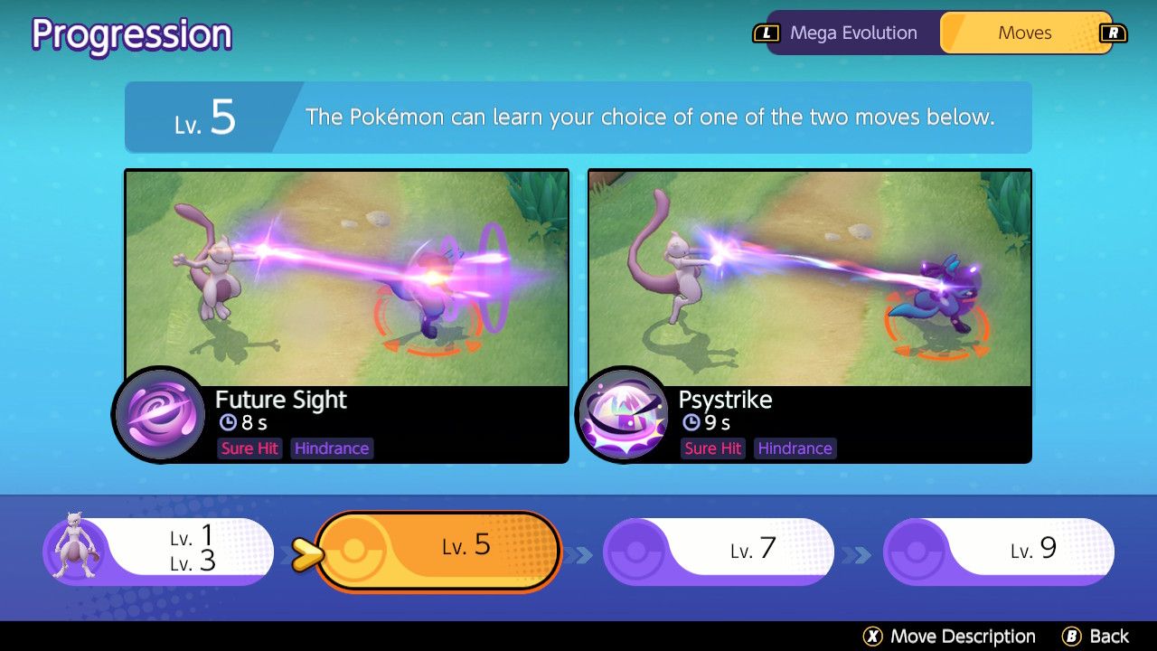 Mewtwo Y's choice between Future Sight and Psystrike at Level five in Pokemon Unite.