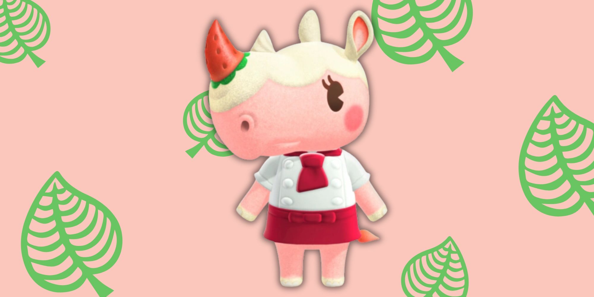 Merengue from Animal Crossing in front of leaf-patterned backdrop