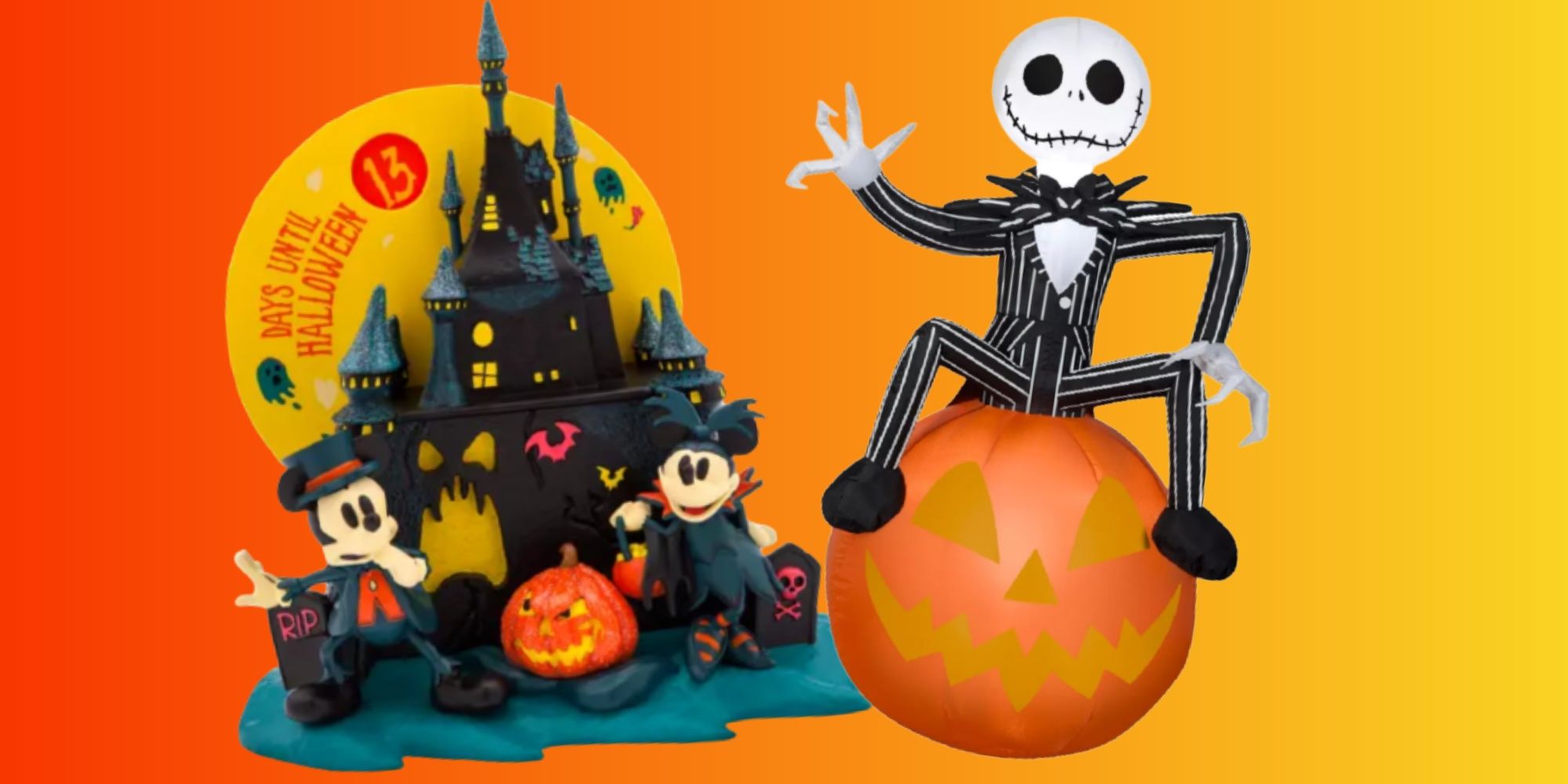 Mickey and Minnie Mouse Halloween decoration and Jack Skellingon inflatable on a orange and yellow background