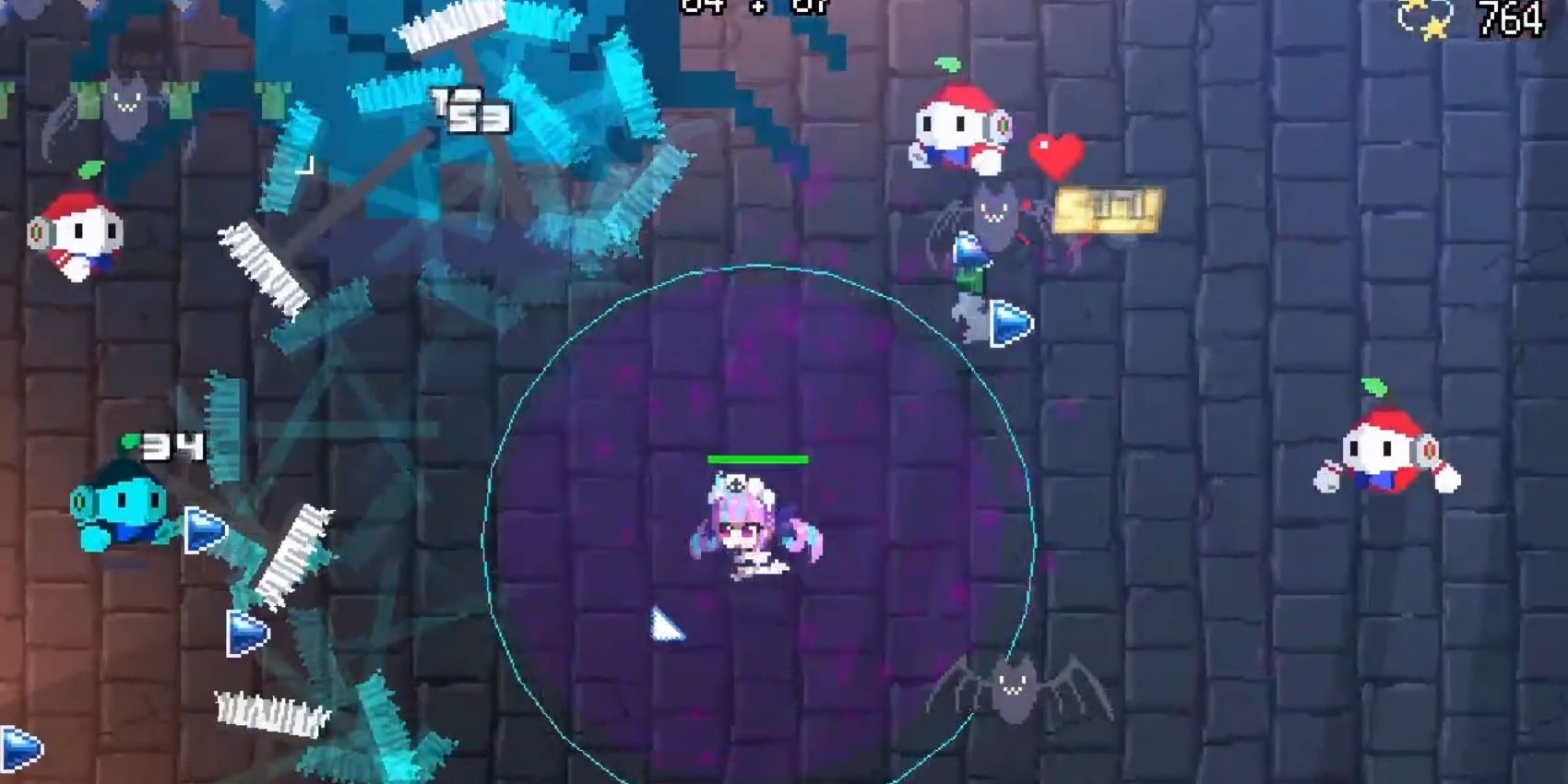 Aqua stands in the purple area generated by Spider Cooking. She throws several brooms at approaching enemies