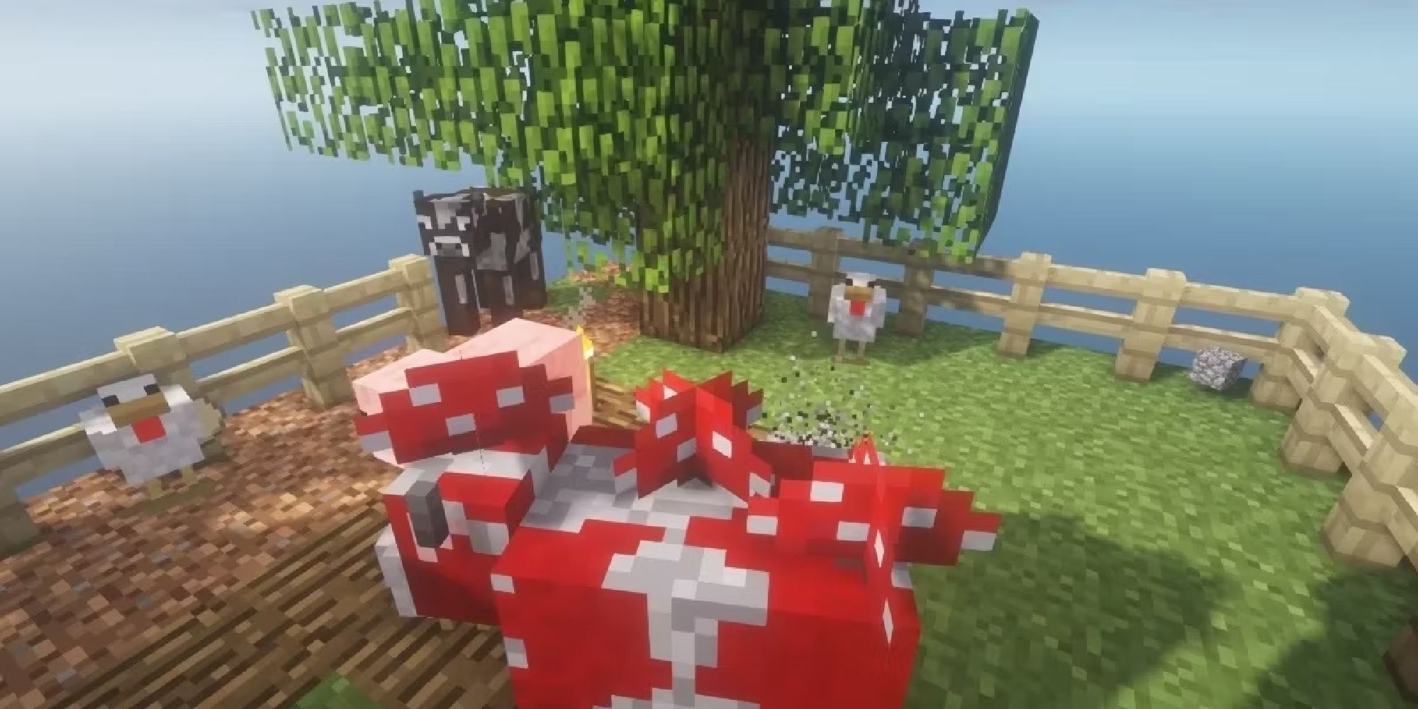 minecraft fenced in area with chickens, cows, and a mooshroom