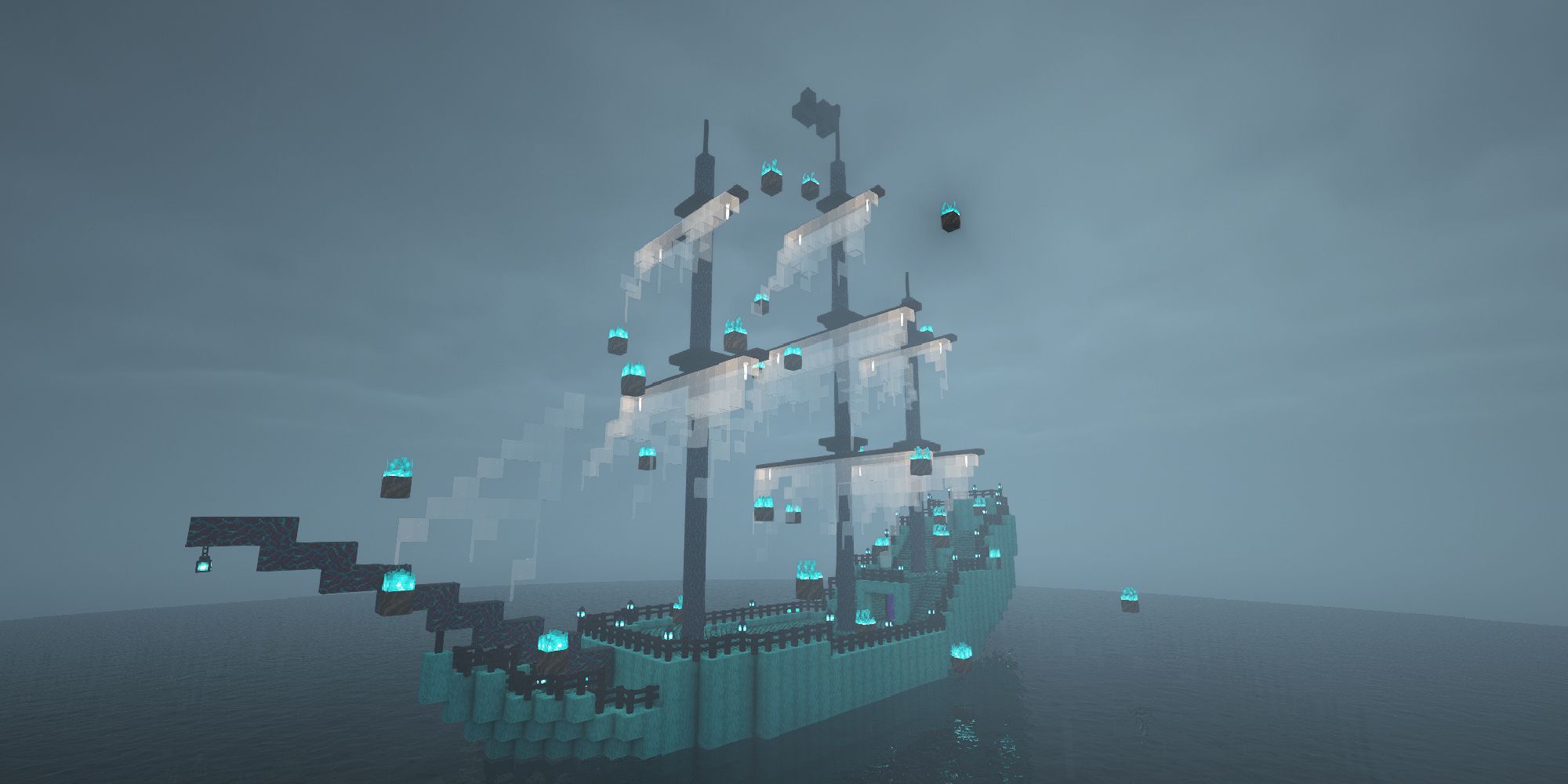 minecraft haunted pirate ship with warped wood sides in a misty ocean
