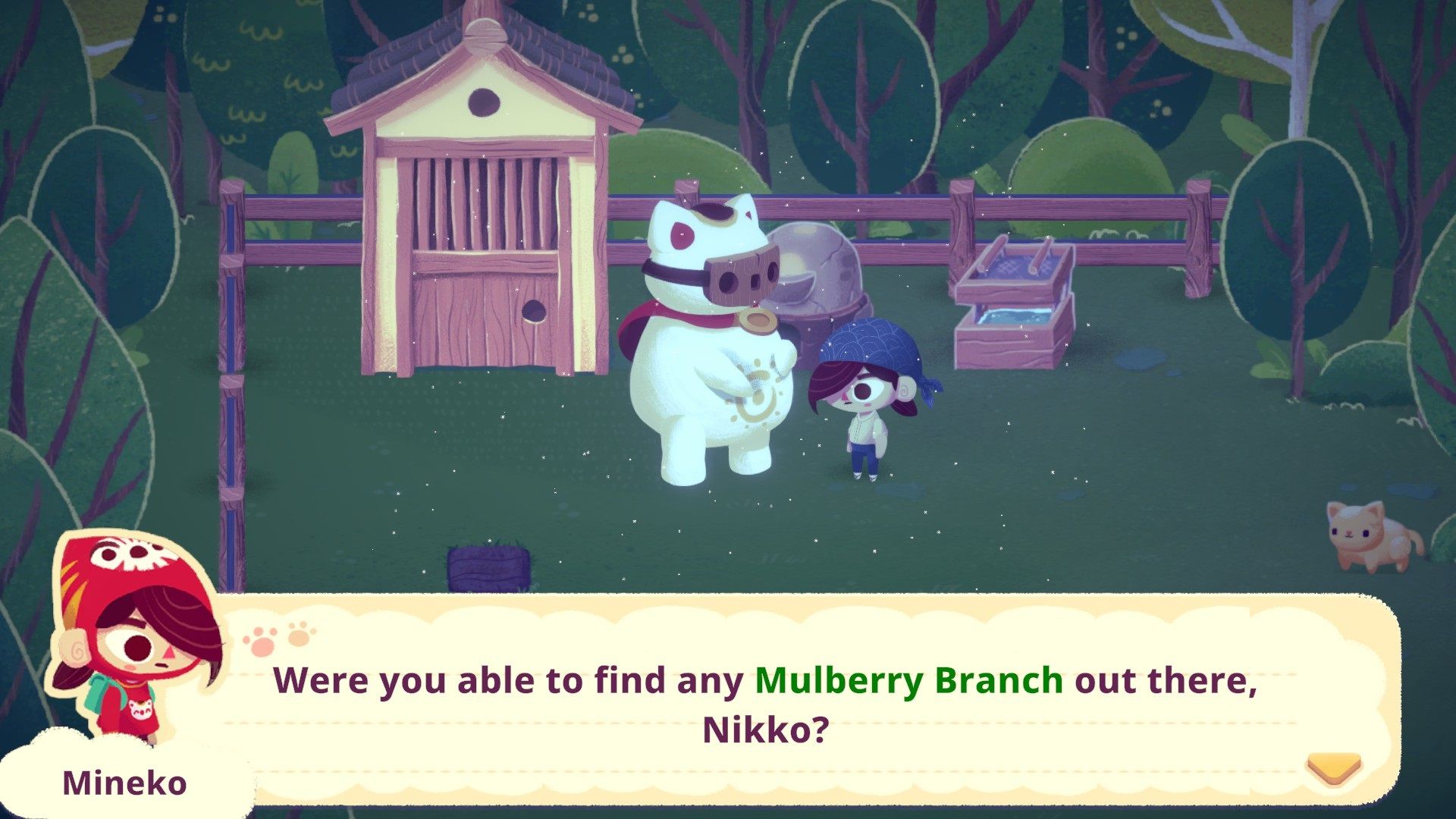 Minkeo getting resources from Nikko in the backyard of Mineko's Night Market.