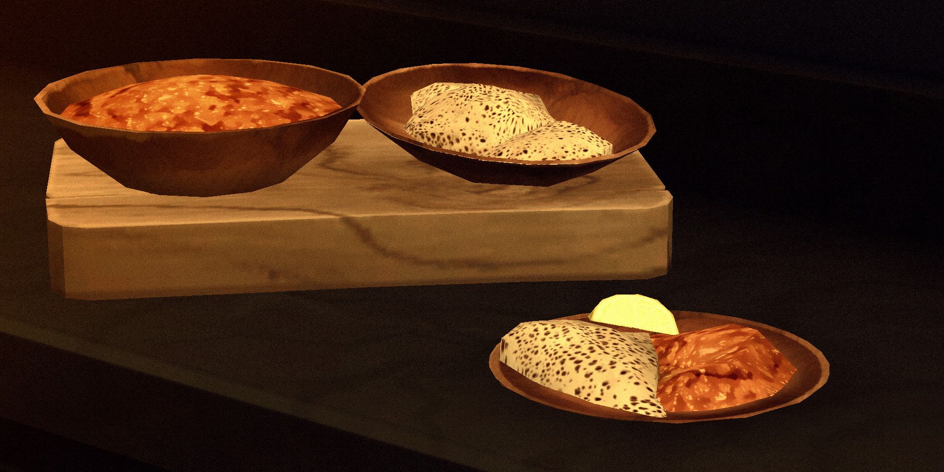 Screenshot of The Sims 4 showing communal bowls of misir wat and injera.