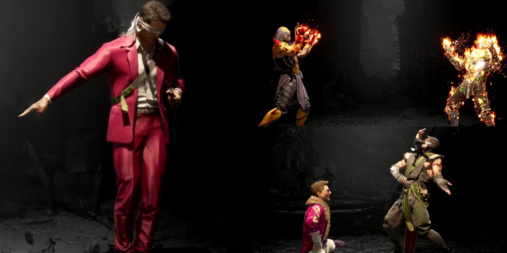 A collage of images showcasing Kenshi, Scorpion, and Johnny Cage performing their Brutalities in Mortal Kombat 1