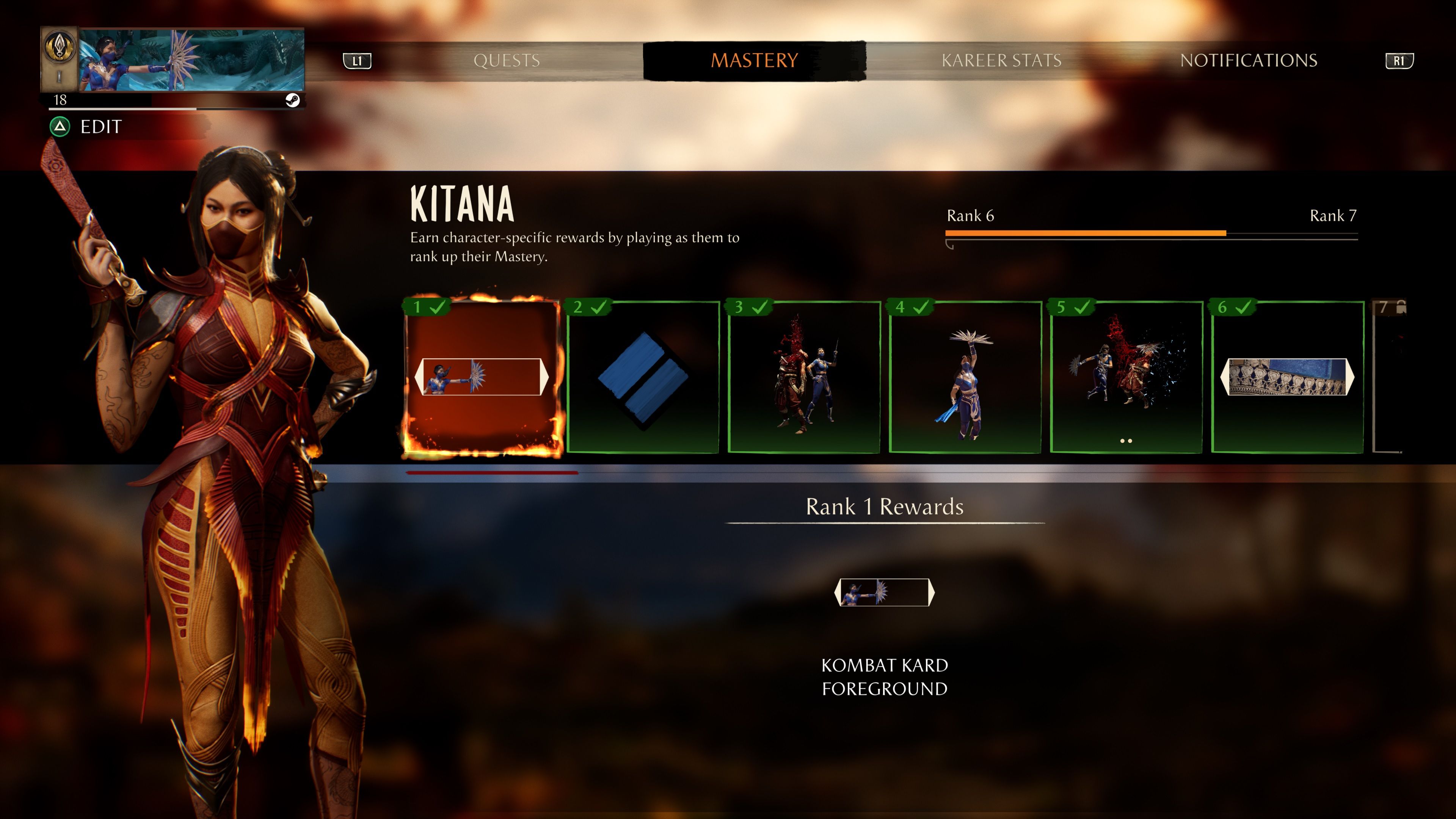 A look at some of the Master Rank Rewards for Kitana in Mortal Kombat 1