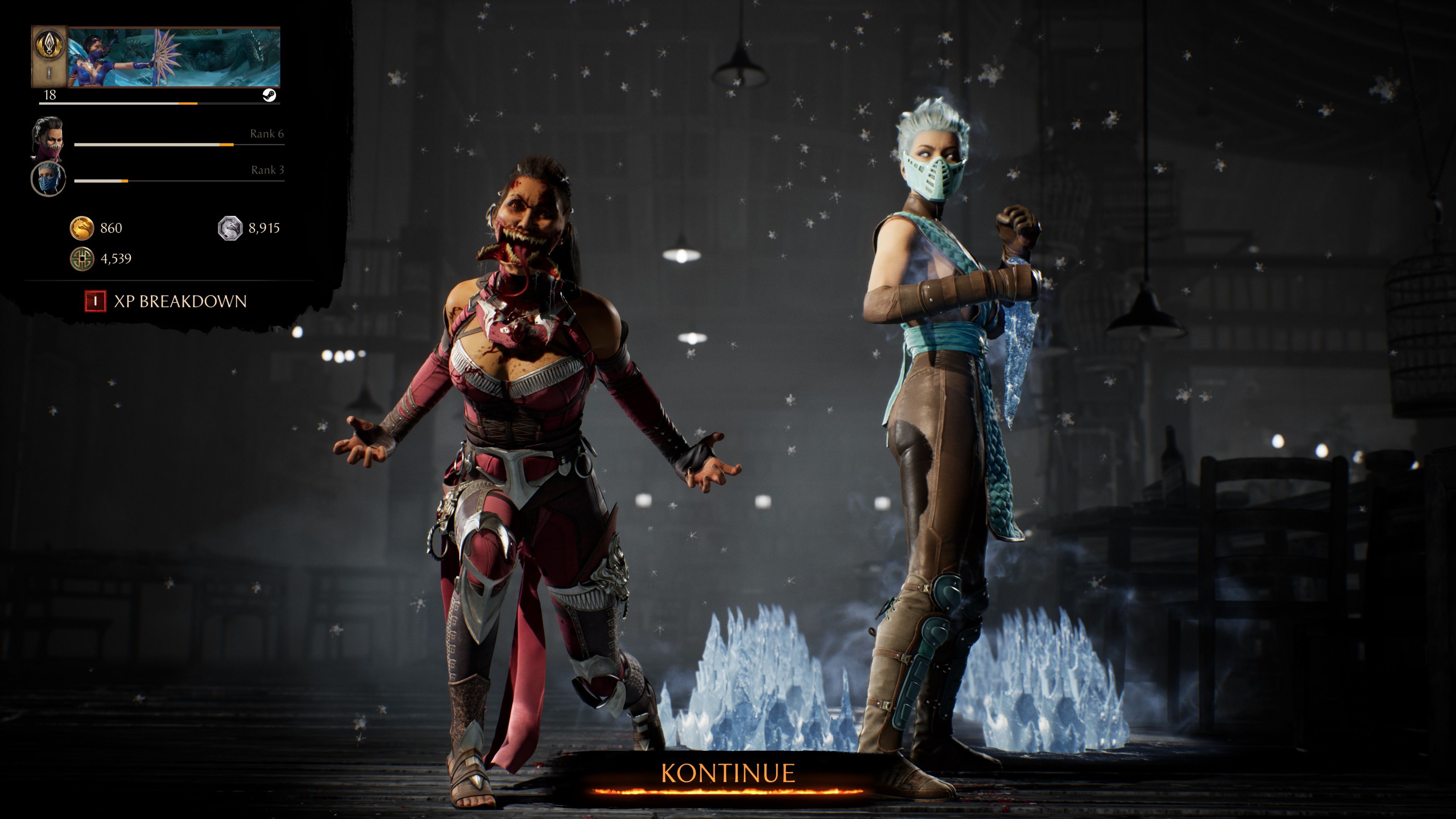 A look at the Post-Match Result Screen in Mortal Kombat 1, showcasing the EXP and Currency obtained.