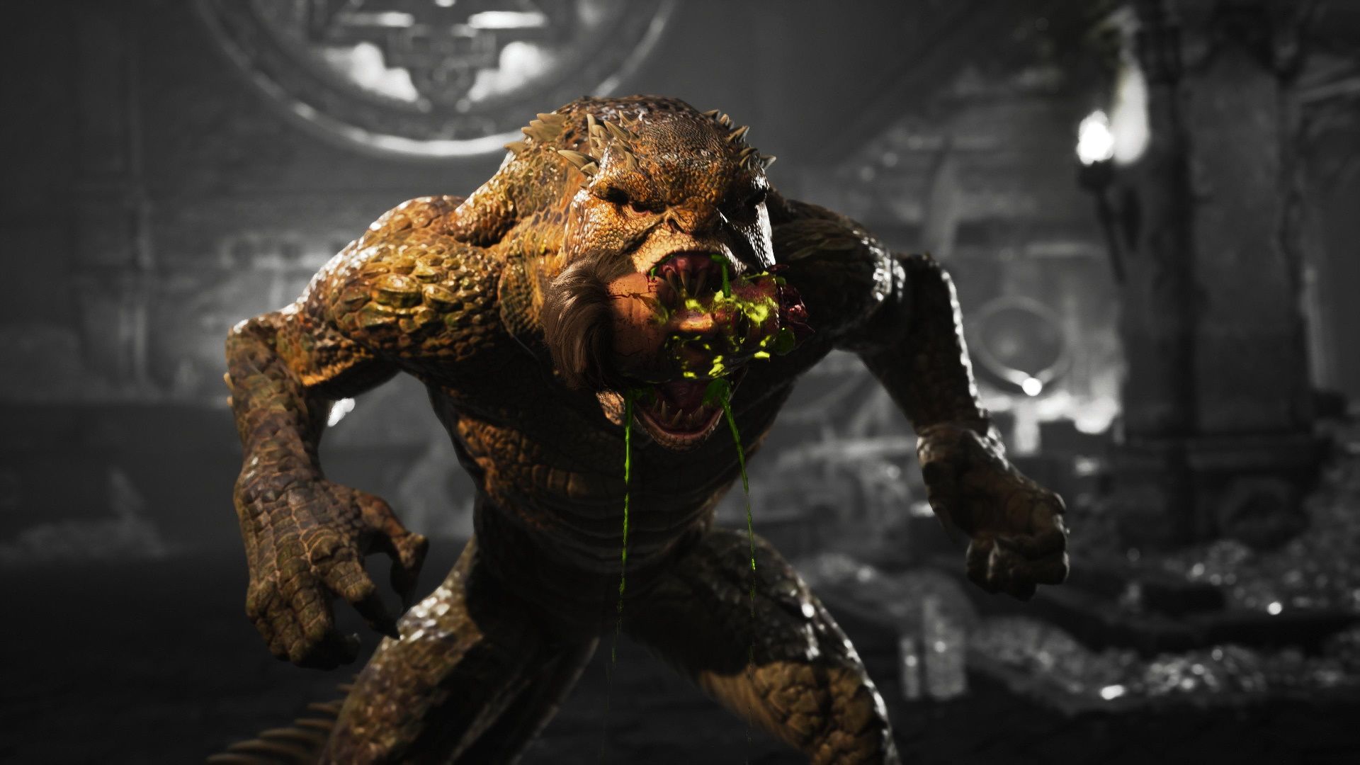 Mortal Kombat 1, Reptile, Reptile chomping Down on a head.